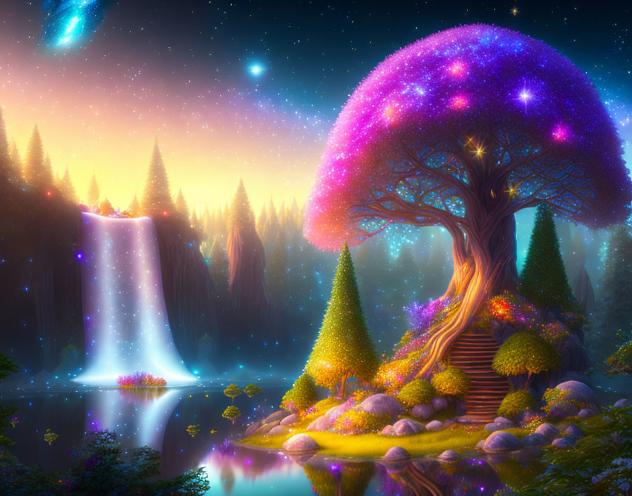 Fantasy landscape with glowing purple tree by waterfall under starry sky