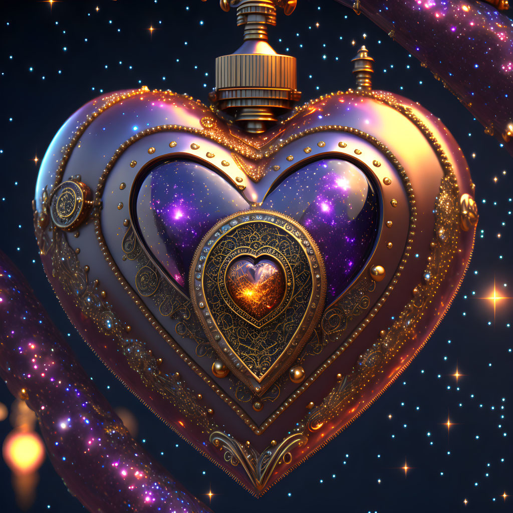 Golden Heart-Shaped Bauble with Cosmic Patterns and Stars on Starry Night Backdrop