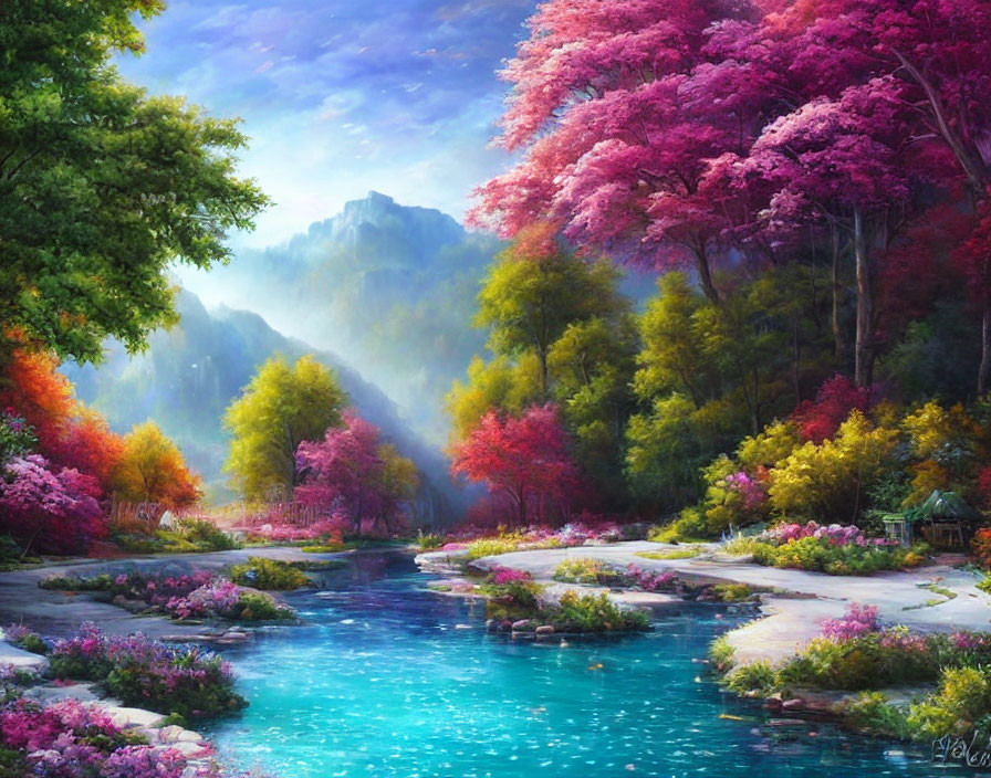 Tranquil stream in vibrant forest with pink and orange foliage
