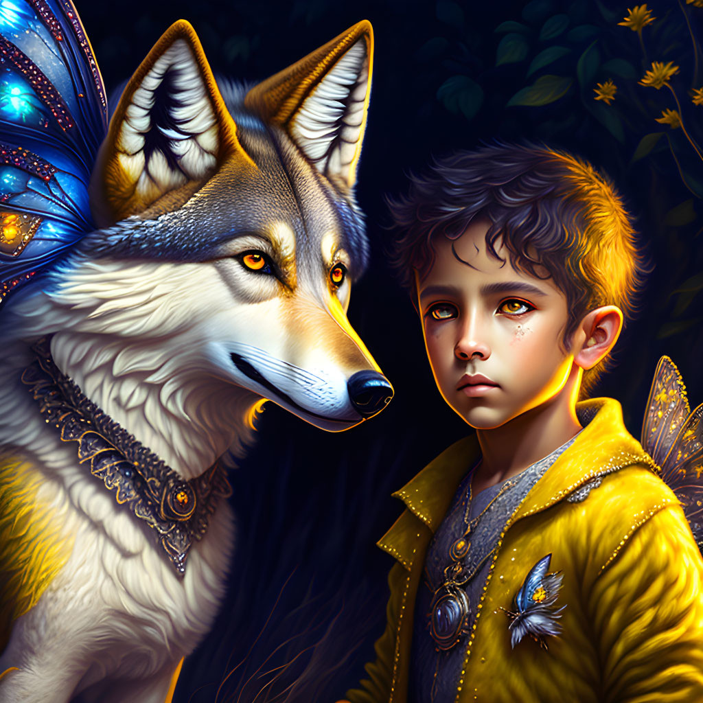 Yellow-Clad Boy with Winged Wolf in Mystical Glow