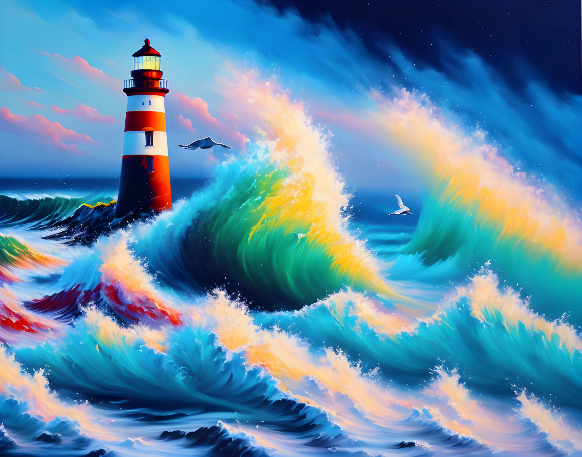 Colorful illustration of lighthouse, rocky shore, crashing waves, seabirds, dramatic sky