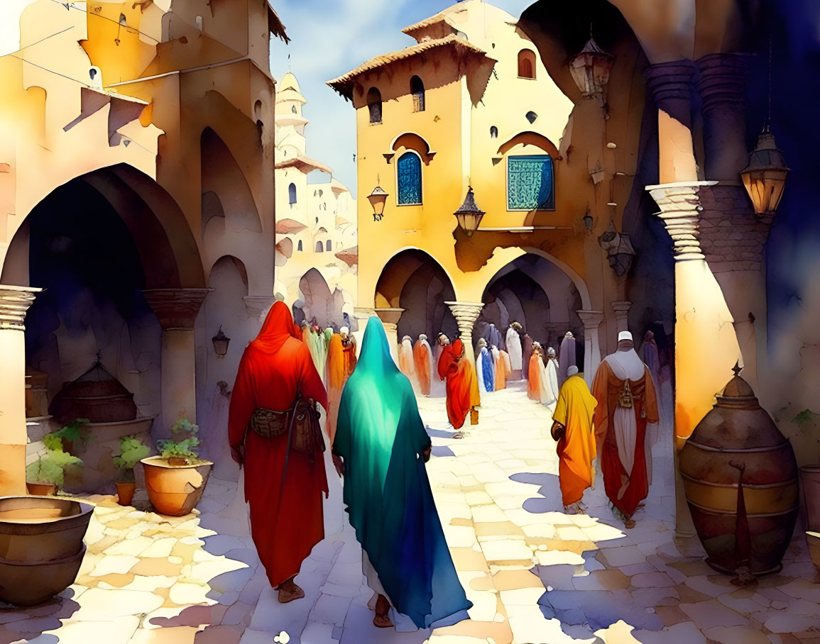 Vibrant Middle Eastern market street scene with traditional attire and sunlit buildings