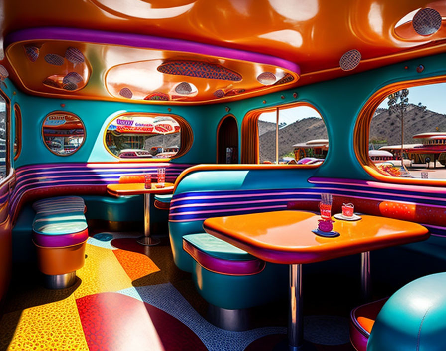 Colorful booth seating & chrome accents in retro-style diner interior