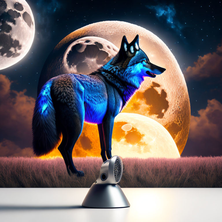 Neon blue wolf on speaker with oversized moons in starry sky