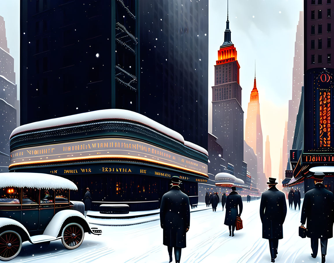 Vintage cars and snowfall in bustling city street illustration.