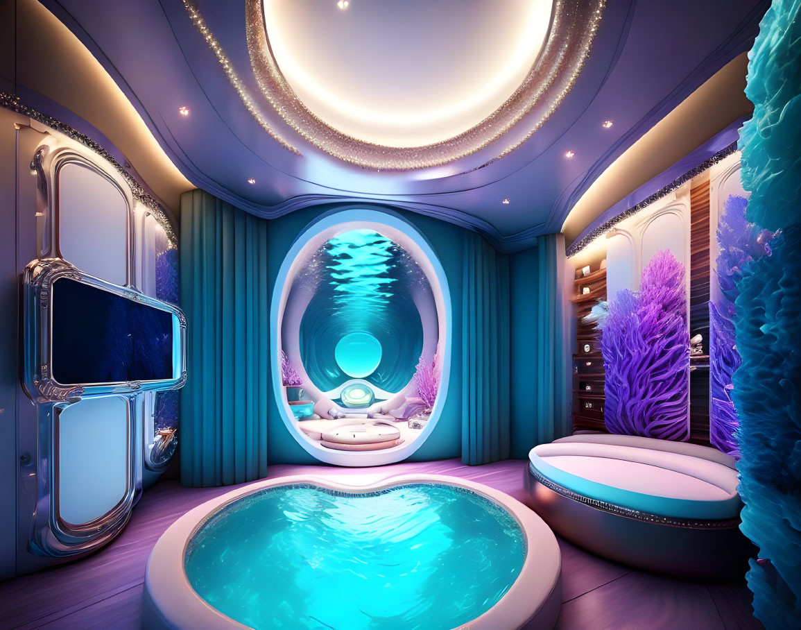 Futuristic underwater room with glowing circular window and marine life view