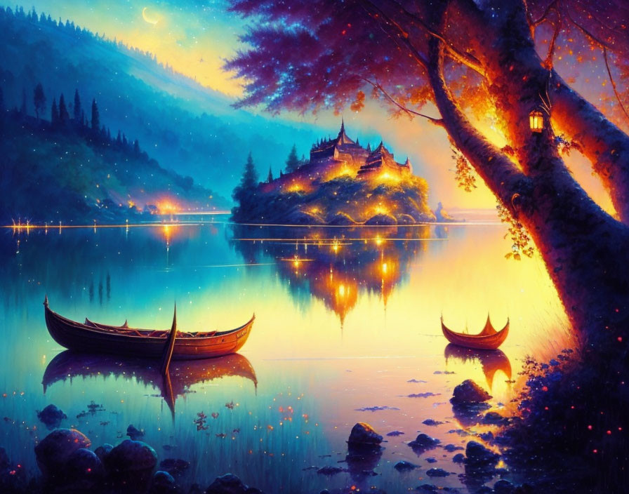 Luminous fantasy landscape with castle, lake, and starry sky