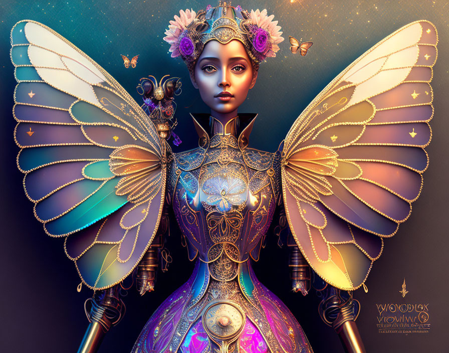 Fantastical female figure with butterfly-like wings and golden patterns.