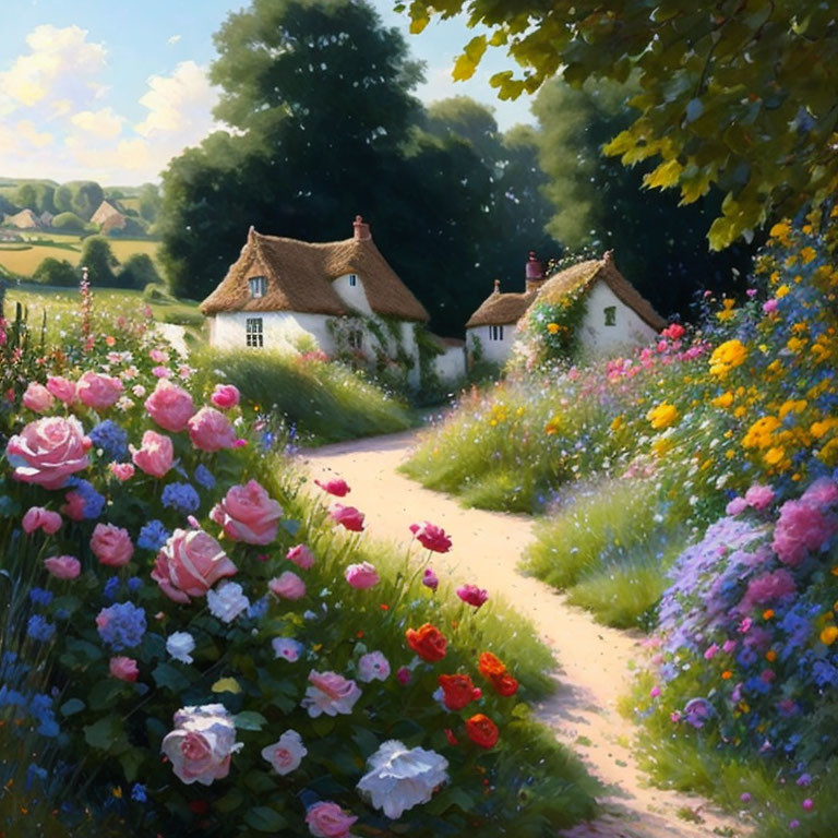Scenic country path with vibrant flowers and thatched-roof cottages