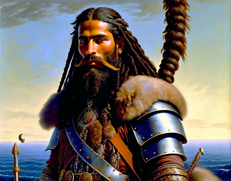 Bearded warrior with braided hair in fur-trimmed armor holding a staff