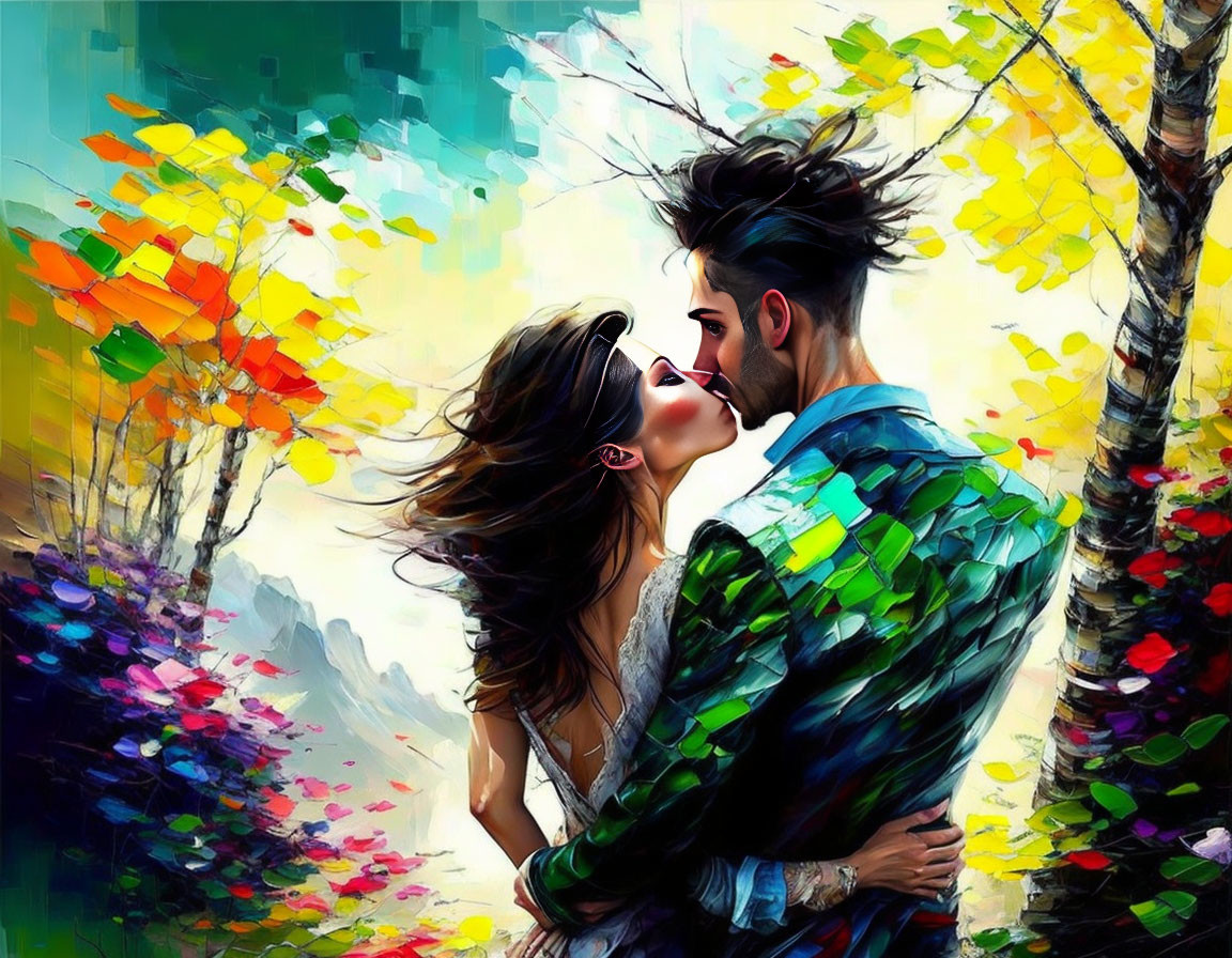 Colorful Impressionistic Forest Scene with Romantic Couple Kissing
