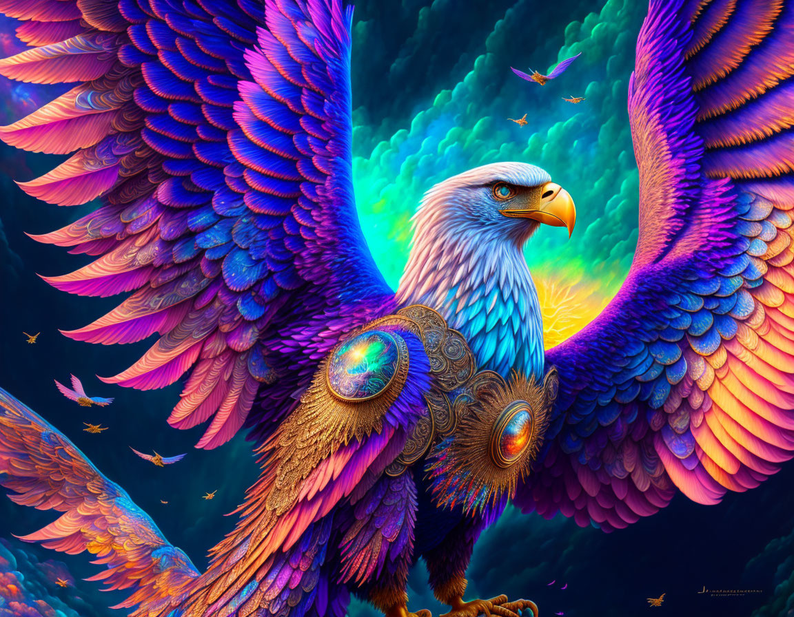 Colorful Eagle Artwork Against Blue and Purple Sky