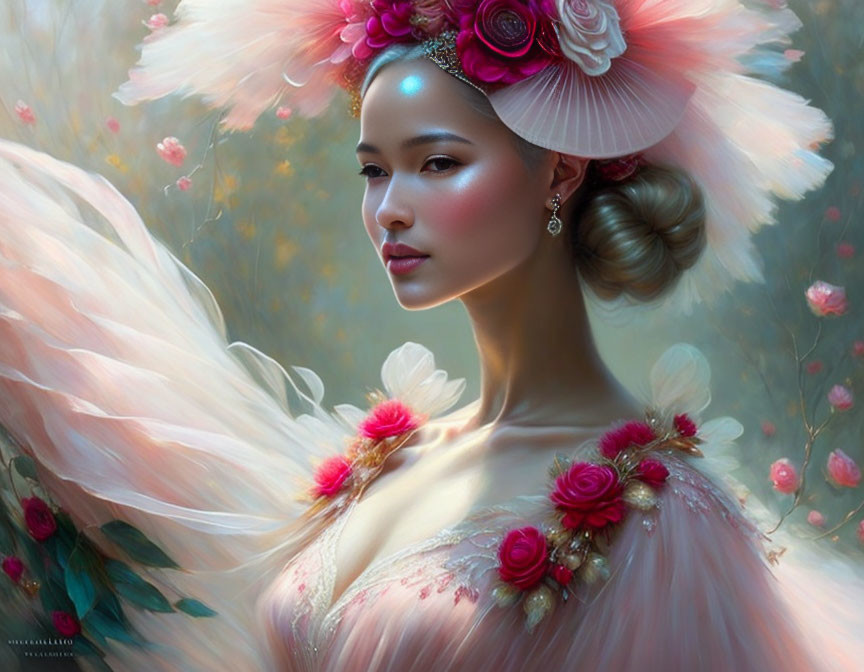 Ethereal woman in floral dress with feathered headpiece embodies elegance.