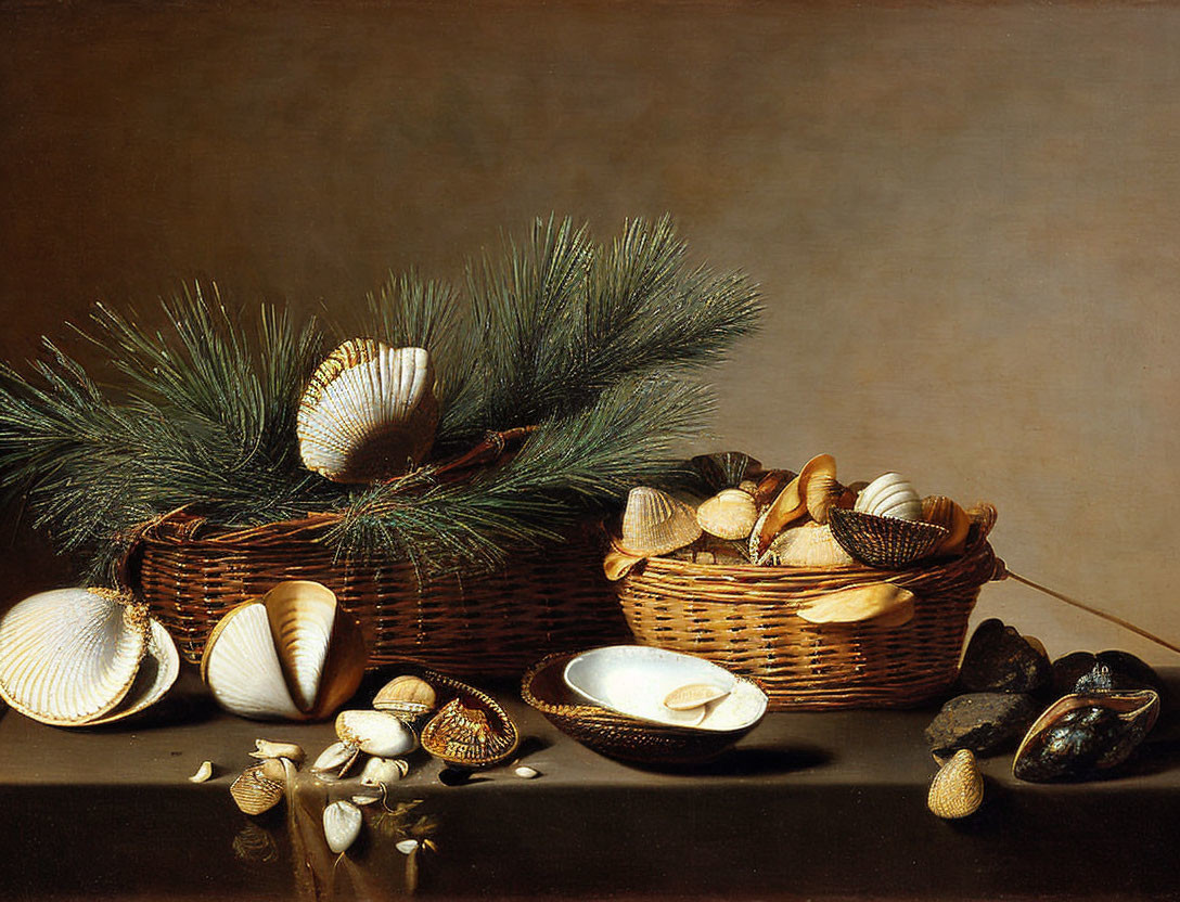 Still life painting with baskets, pine branches, shells, almonds, and nuts on table