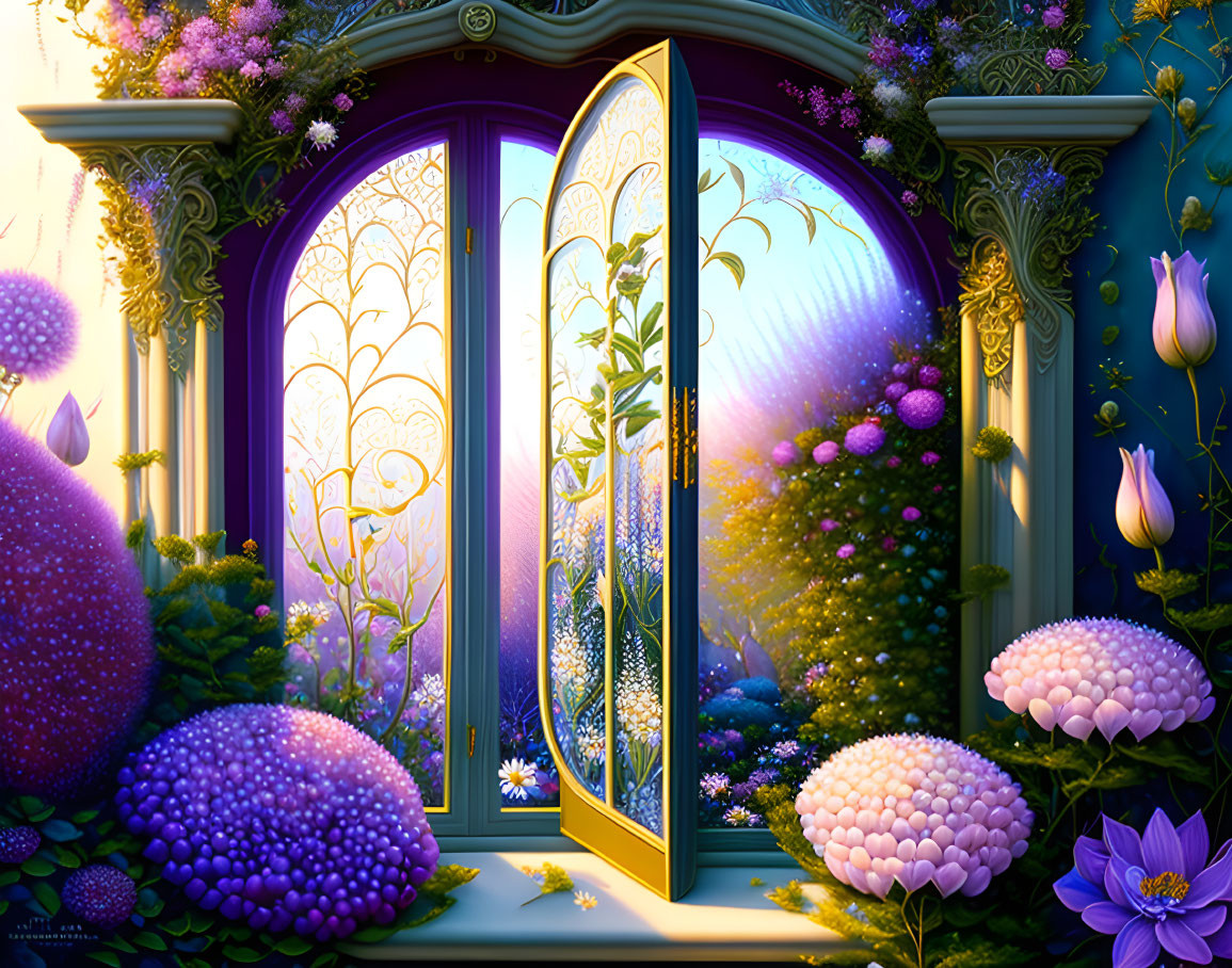 Ornate golden doorway surrounded by lush purple and pink flora at twilight