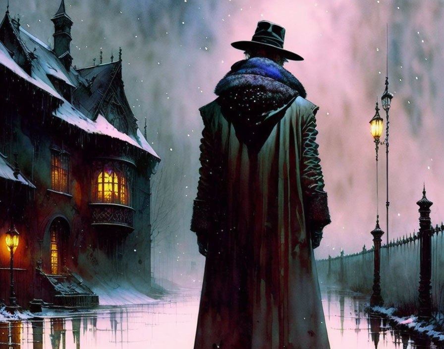 Mysterious Figure in Hat and Coat on Snowy Victorian Street