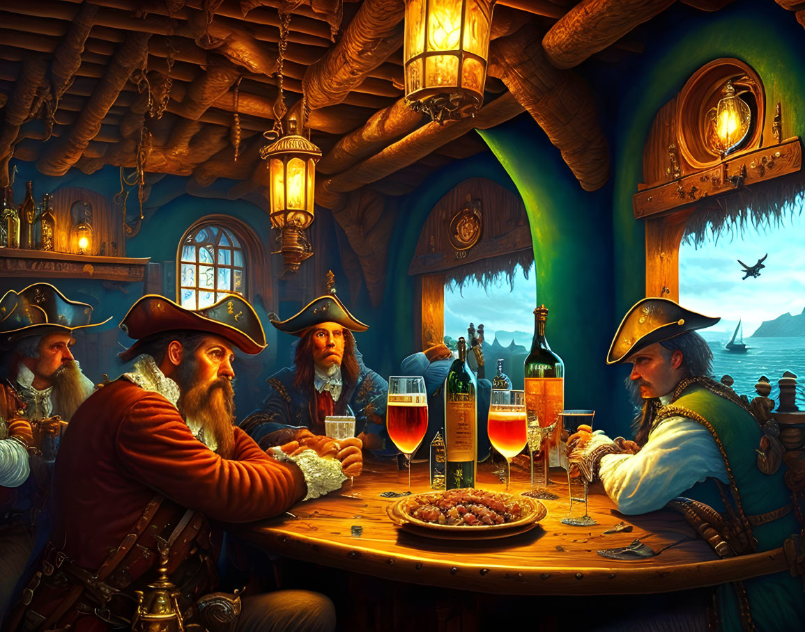Pirates in Tricorn Hats Drinking and Conversing in Wooden Cabin
