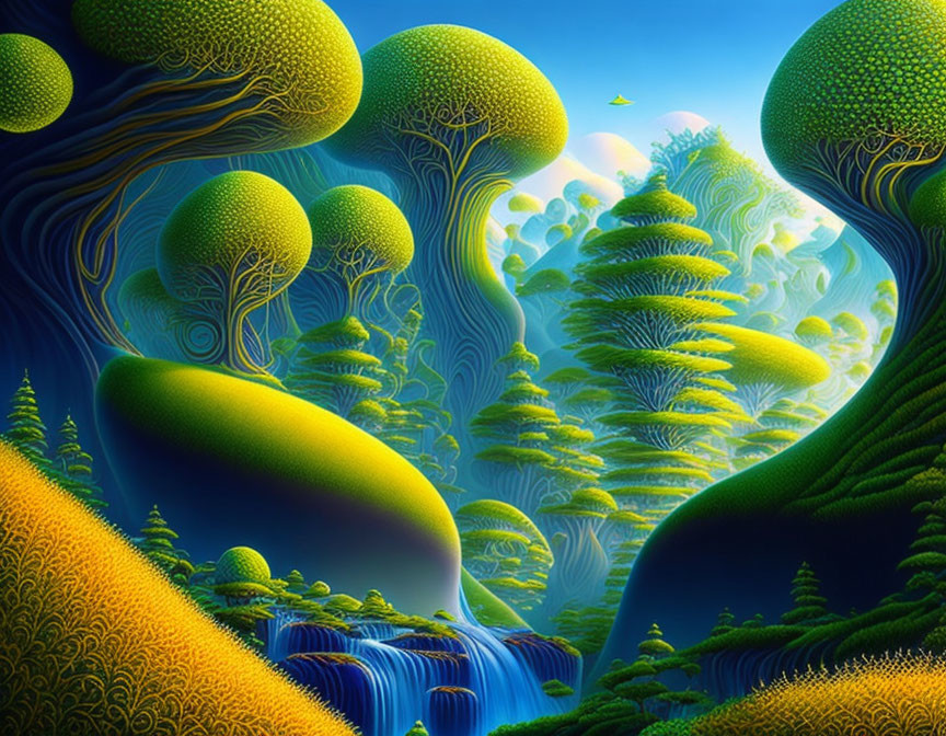 Surreal landscape with waterfall and green tree-like structures
