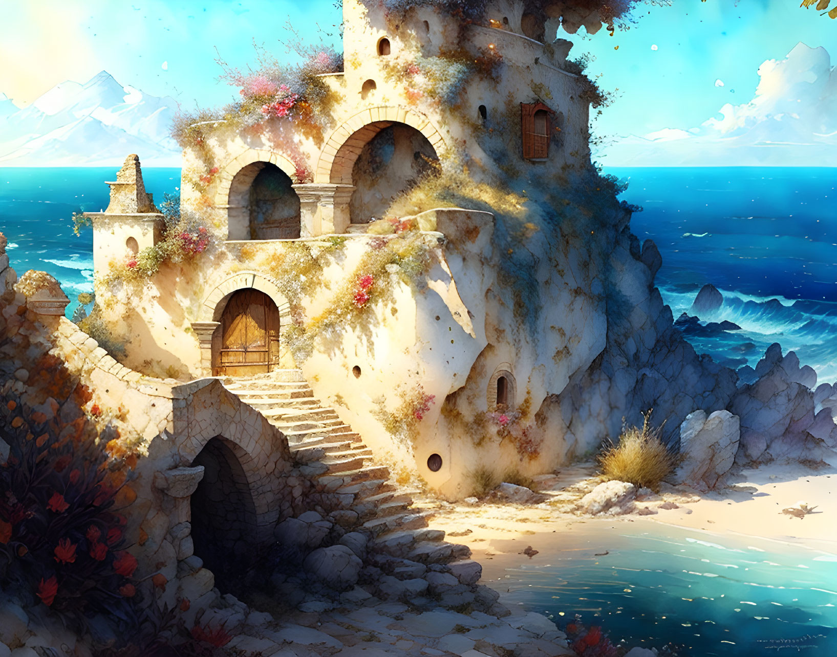 Sunlit coastal scene: White stone villa, colorful flowers, blue sea, distant mountains
