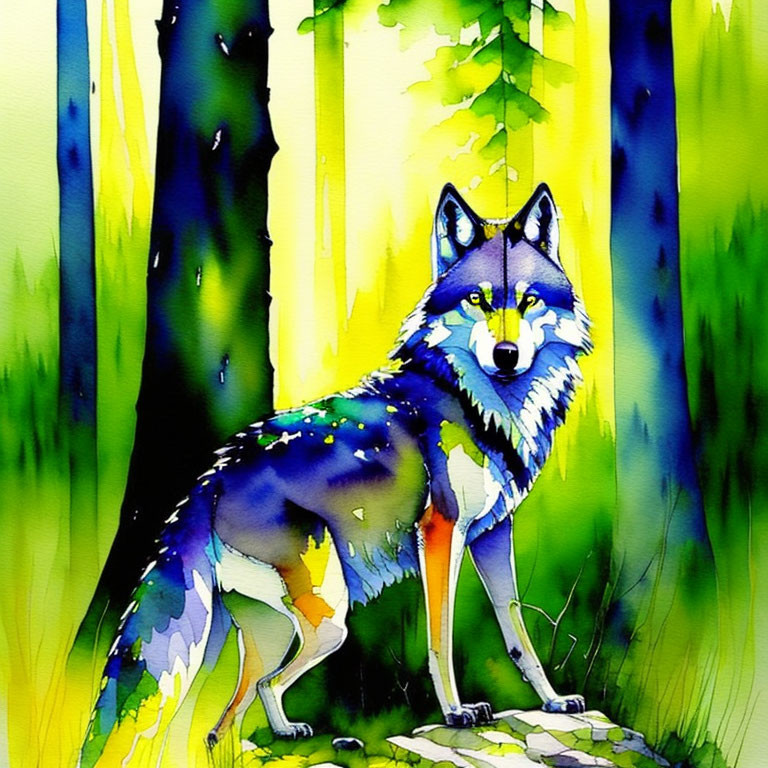 Colorful Watercolor Painting: Wolf in Whimsical Forest