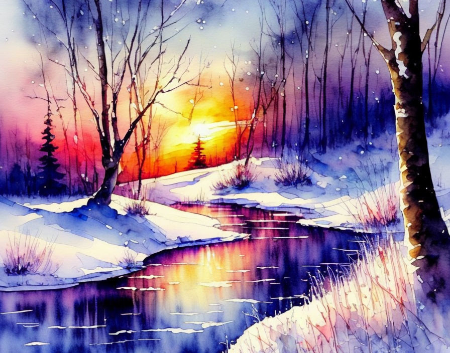 Winter sunset watercolor painting: snow-covered landscape, bare trees, calm river reflections