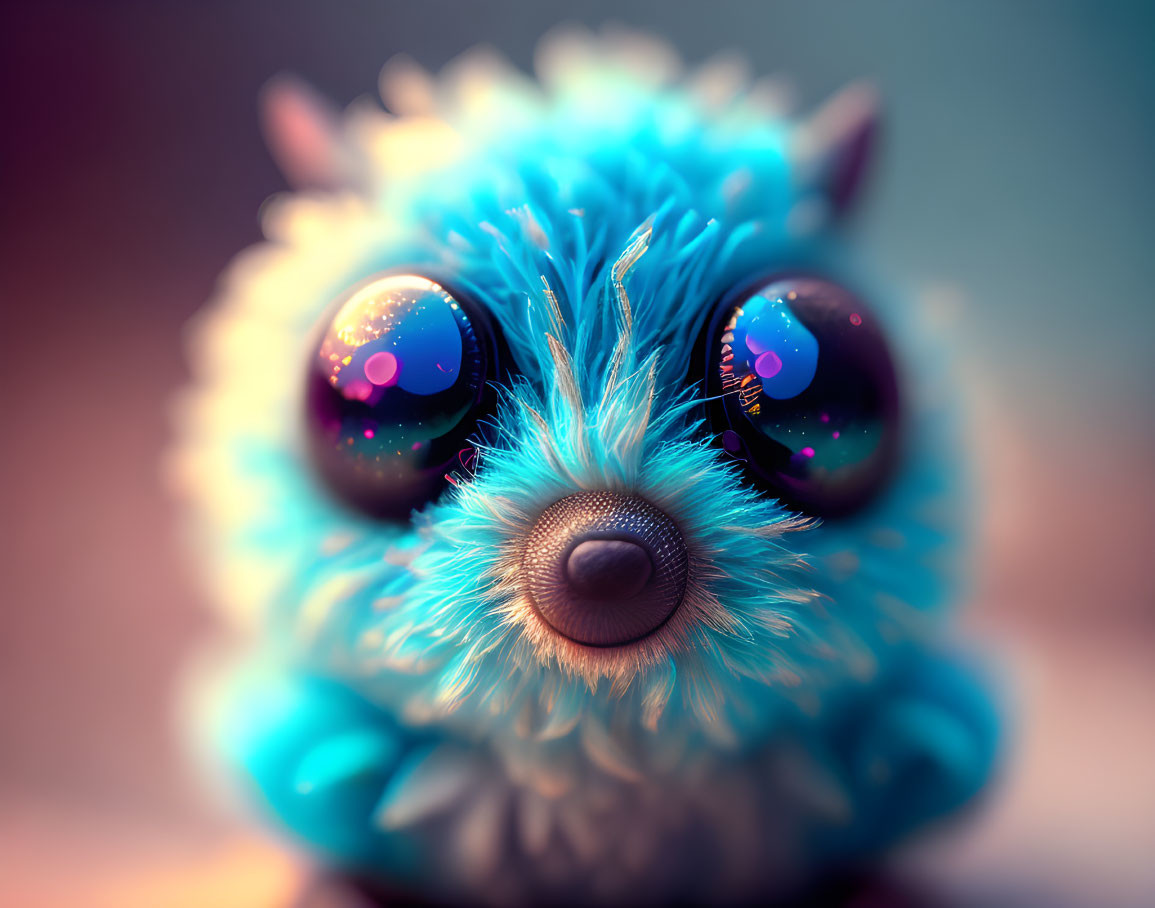 Blue furry creature with glossy eyes and starry sky reflection.