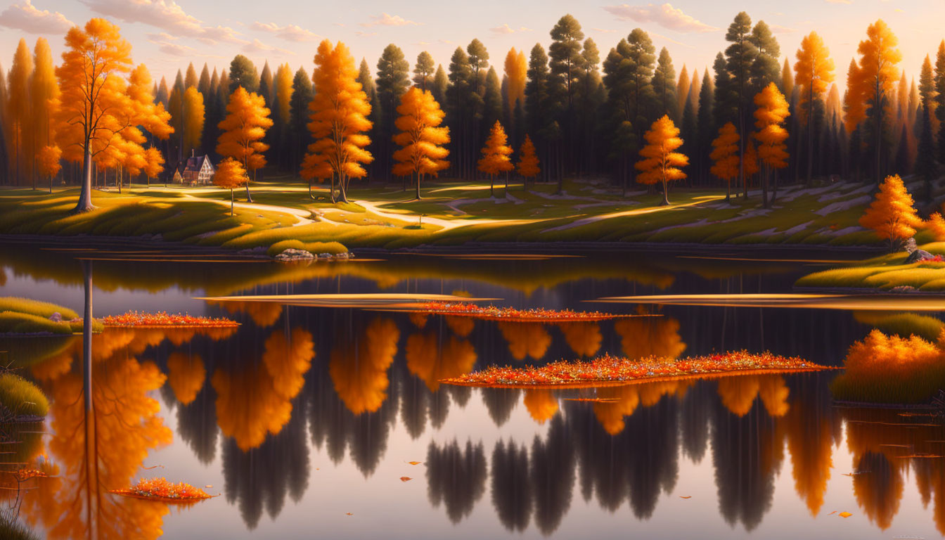 Tranquil autumn landscape: vibrant trees, calm lake, golden-hour light