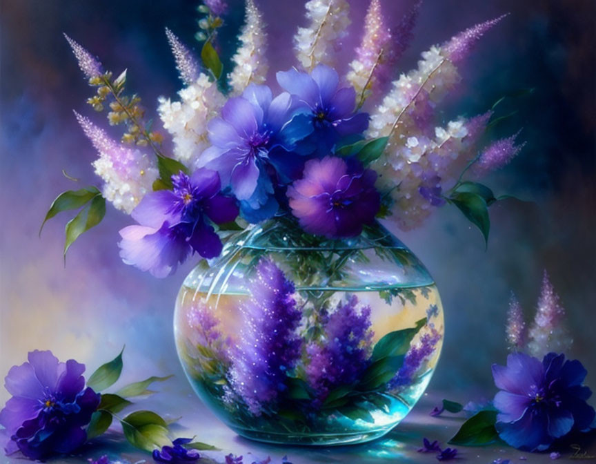 Purple and White Flower Bouquet in Glass Vase on Mystical Background