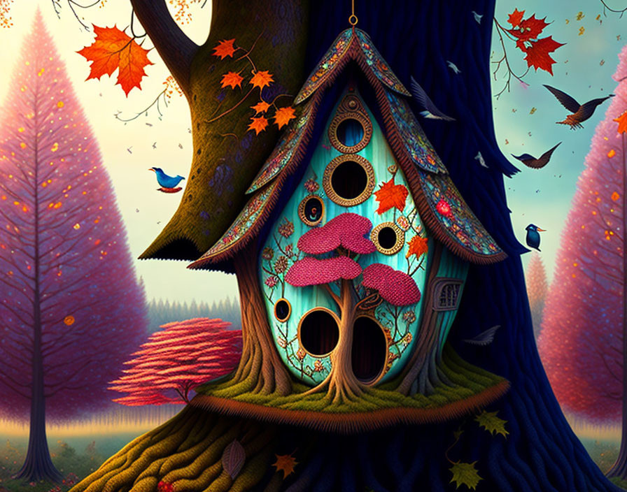 Whimsical fantasy treehouse with multiple doors, windows, mushrooms, autumn trees, and birds.
