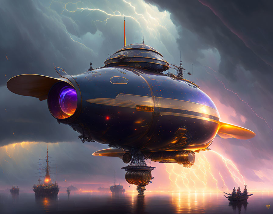 Fantastical airship over stormy sea with old sailing ships under purple sky
