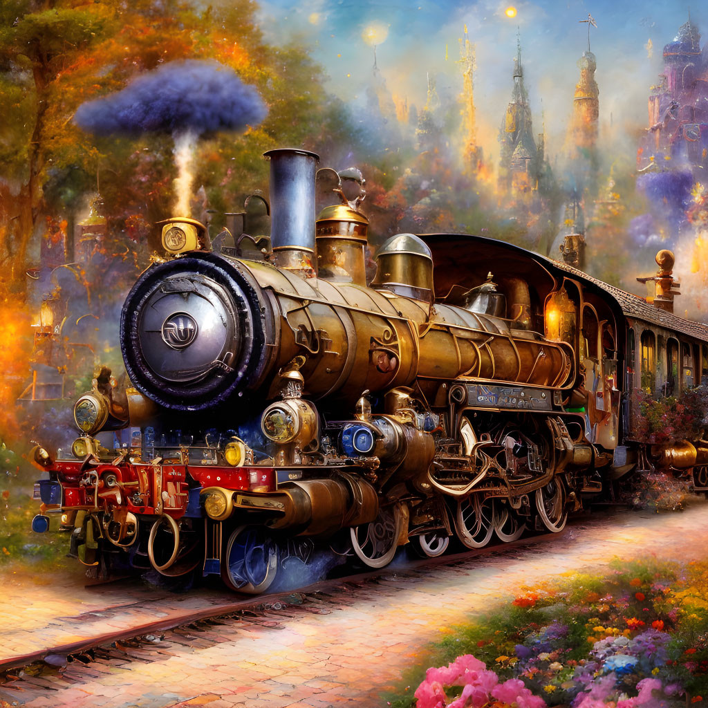 Colorful steampunk train at whimsical station with fantastical architecture
