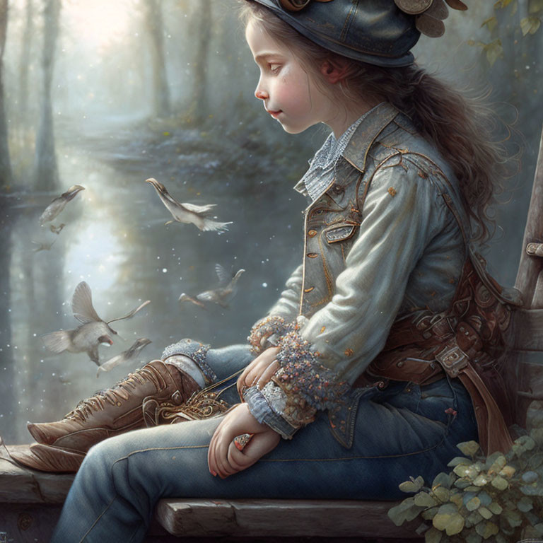 Girl in Denim Outfit Sitting by Water with Flying Birds in Misty Forest