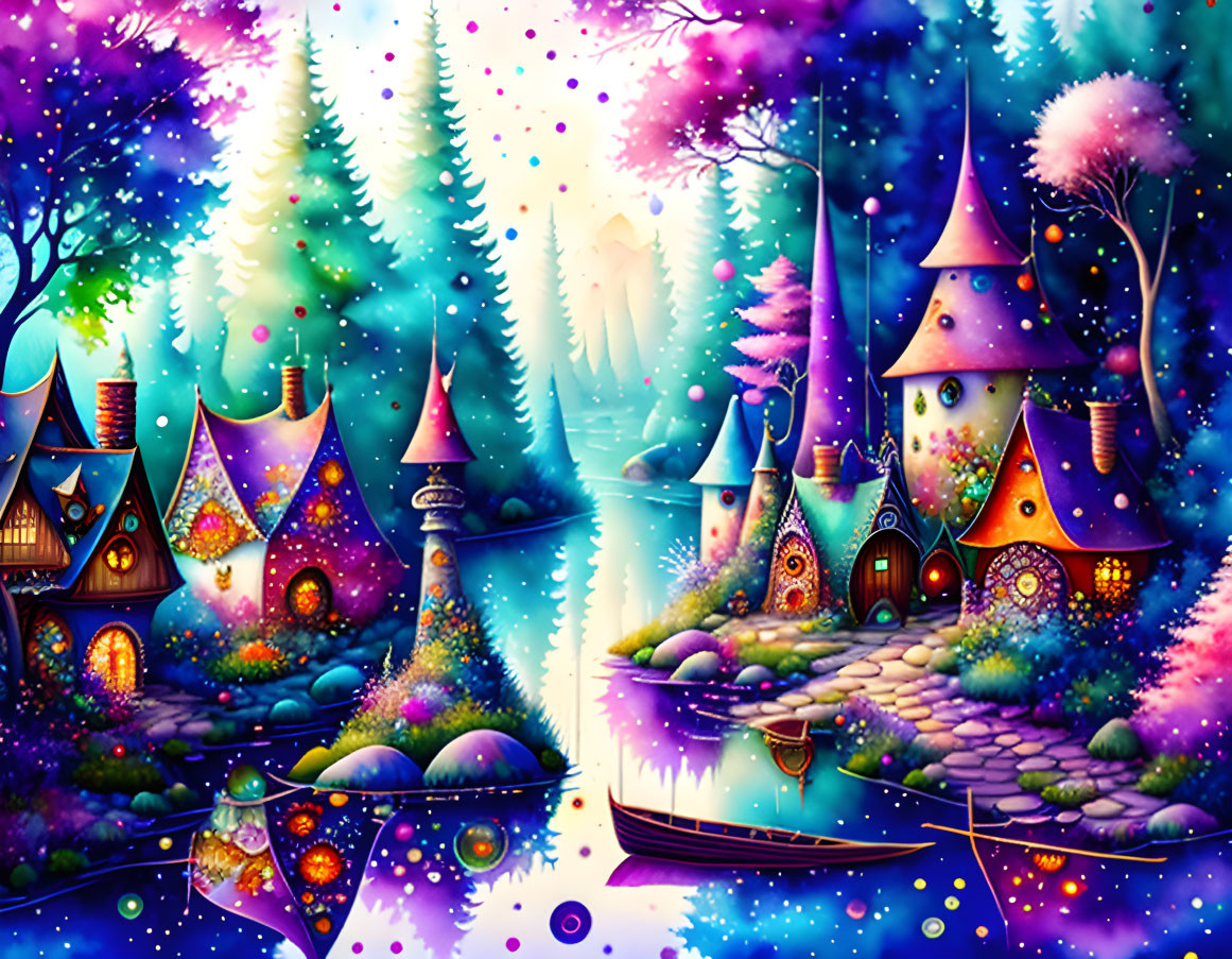 Colorful Mushroom-Shaped Village Illustration with Magical Elements