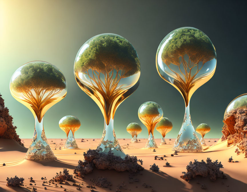 Surreal landscape: Glass orbs on desert with trees