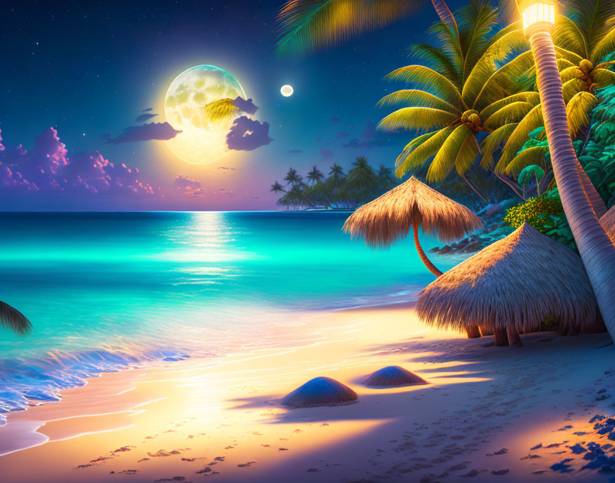 Tranquil Tropical Beach Night Scene with Palm Trees and Full Moon
