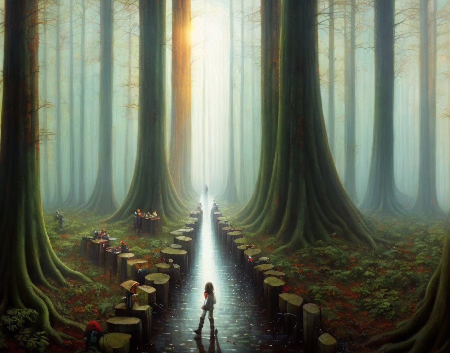 Tranquil forest path with misty ambiance and figures among large trees