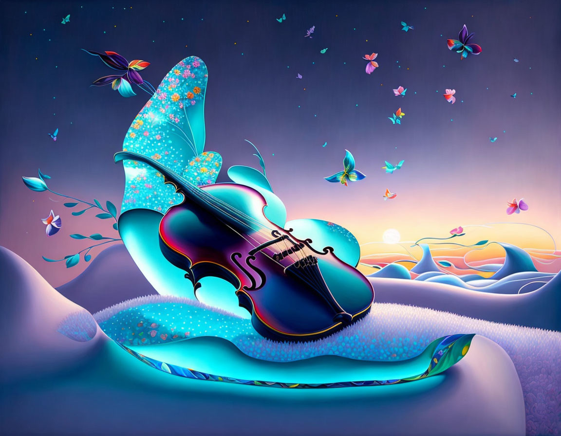 Surreal luminous butterfly-winged violin on vibrant landscape