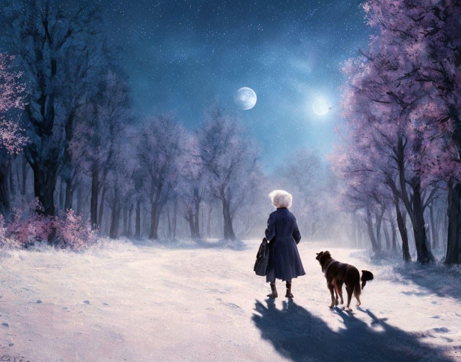 Person and dog under starry sky with two moons among blossoming trees
