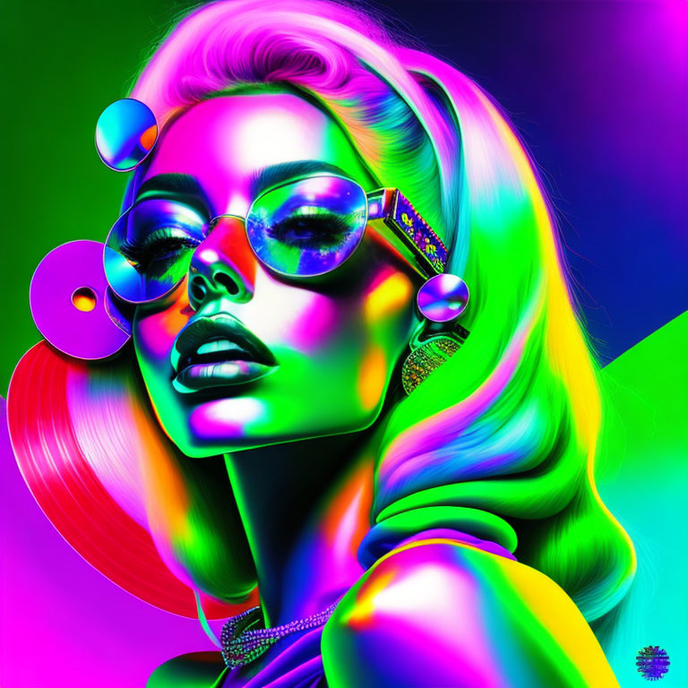 Colorful digital artwork: Woman with neon hair, sunglasses, glossy lips on vibrant backdrop