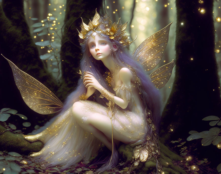 Fantasy illustration of fairy with delicate wings in mystical forest