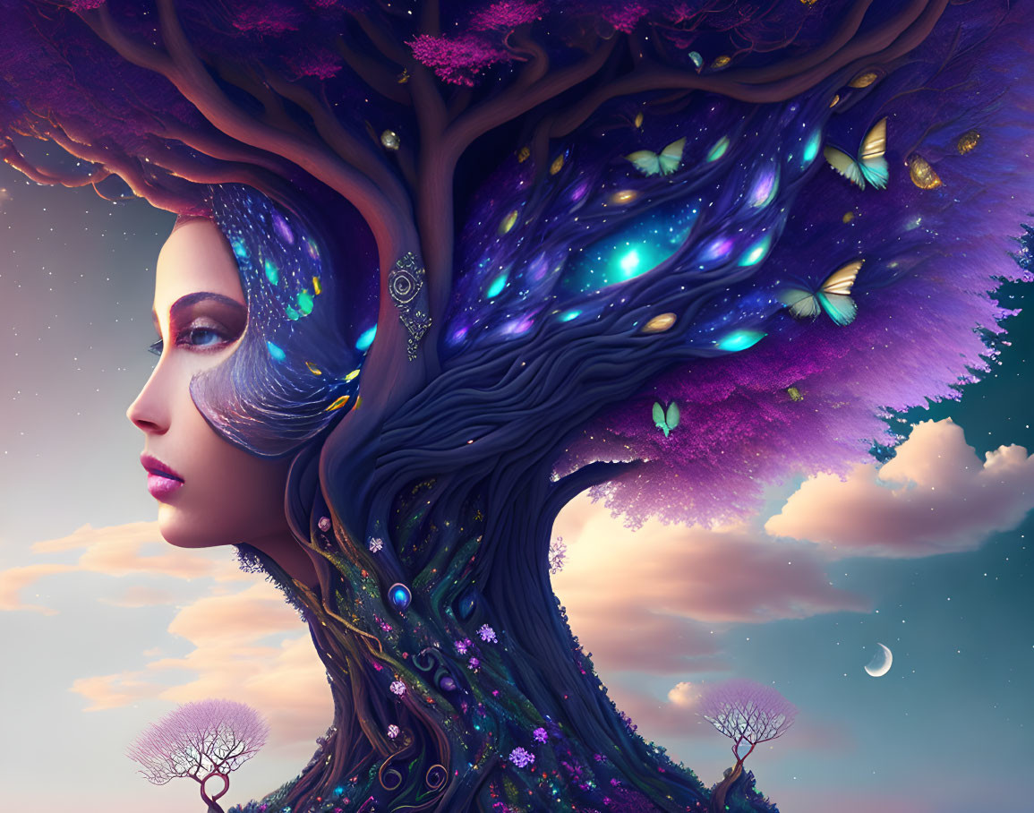 Surreal illustration: woman's hair merges with vibrant tree, butterflies, flowers, twilight sky