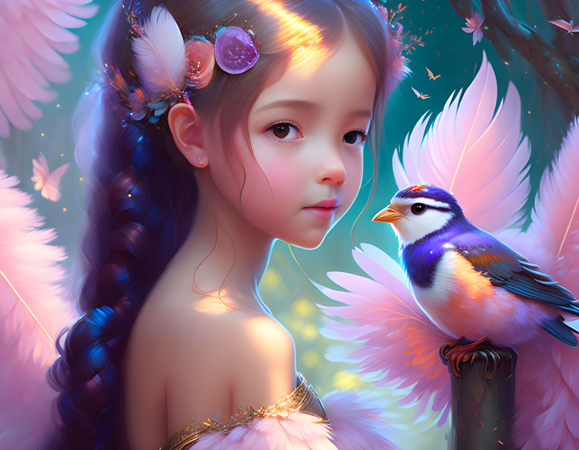 Detailed digital artwork featuring young girl, feathers, flowers, and colorful bird.