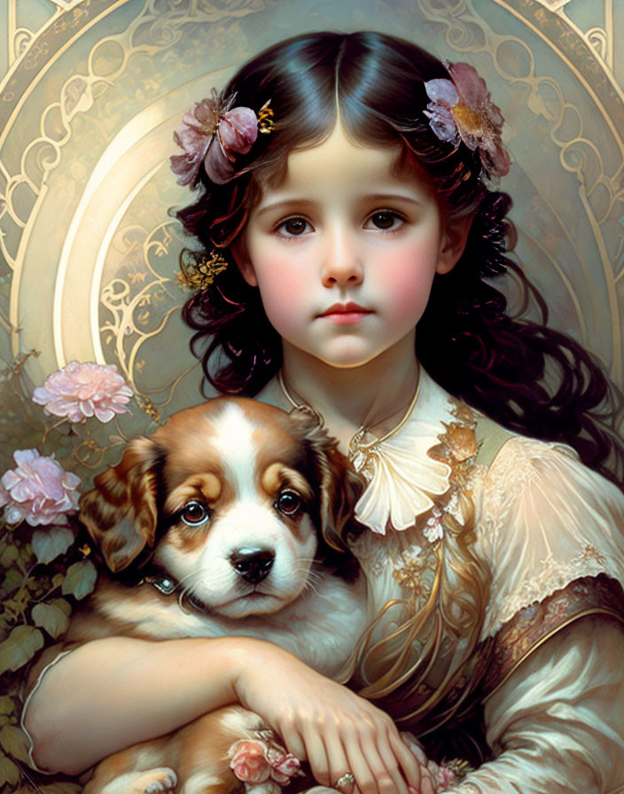 Young girl with puppy in flower-filled scene wearing vintage dress