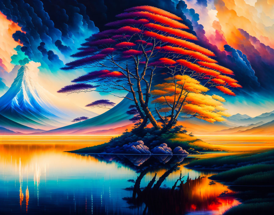 Colorful Tree, Reflective Lake, Snow-Capped Mountain: Surreal Landscape Art