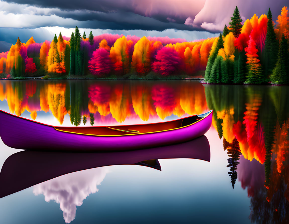 Purple Canoe on Calm Lake with Autumn Trees Reflections