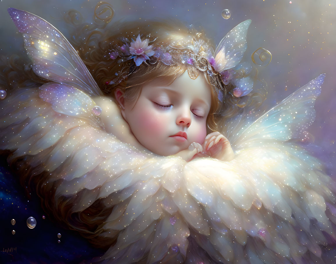 Sleeping child with angelic wings and floral crown in glowing aura.