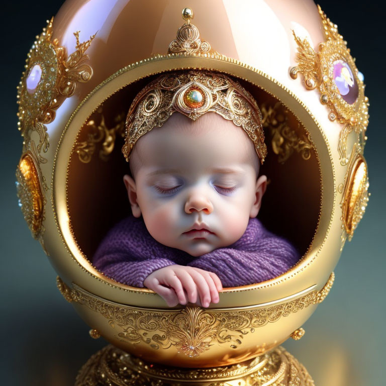 Infant sleeping in purple cloth inside ornate Fabergé egg-style ornament