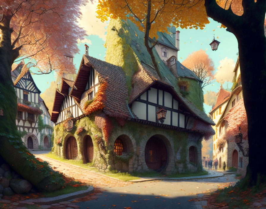 Picturesque village street with ivy-covered houses and autumn trees in warm light