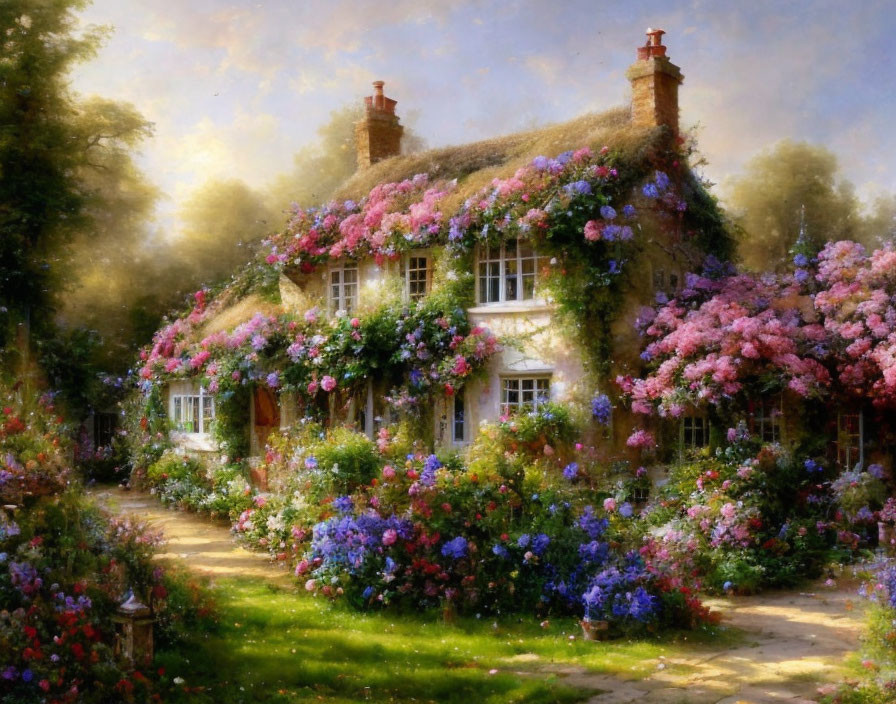 Charming cottage surrounded by vibrant flowers and garden path