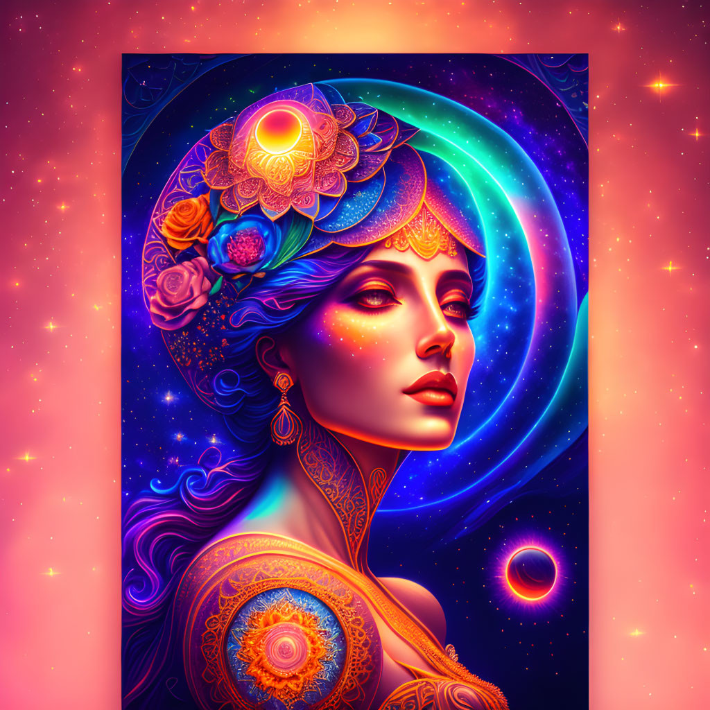 Colorful Woman Illustration with Cosmic and Floral Motifs